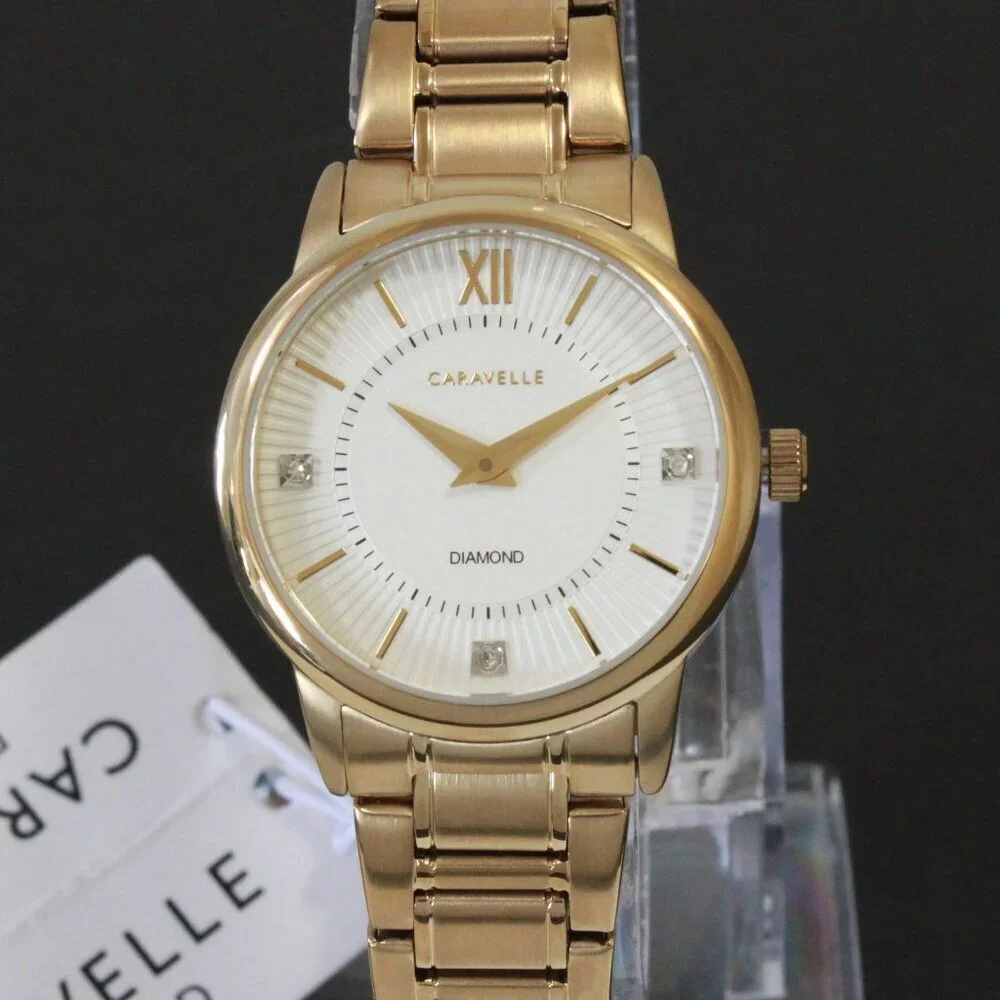Caravelle Ladies Casual Watch By Bulova Diamond Accents Gold Tone 30mm